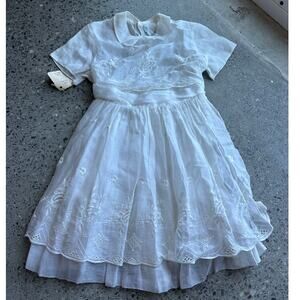 Fein Girls 8 Dress White Embroidered Floral Chiffon Peter Pan Collar Back Bow